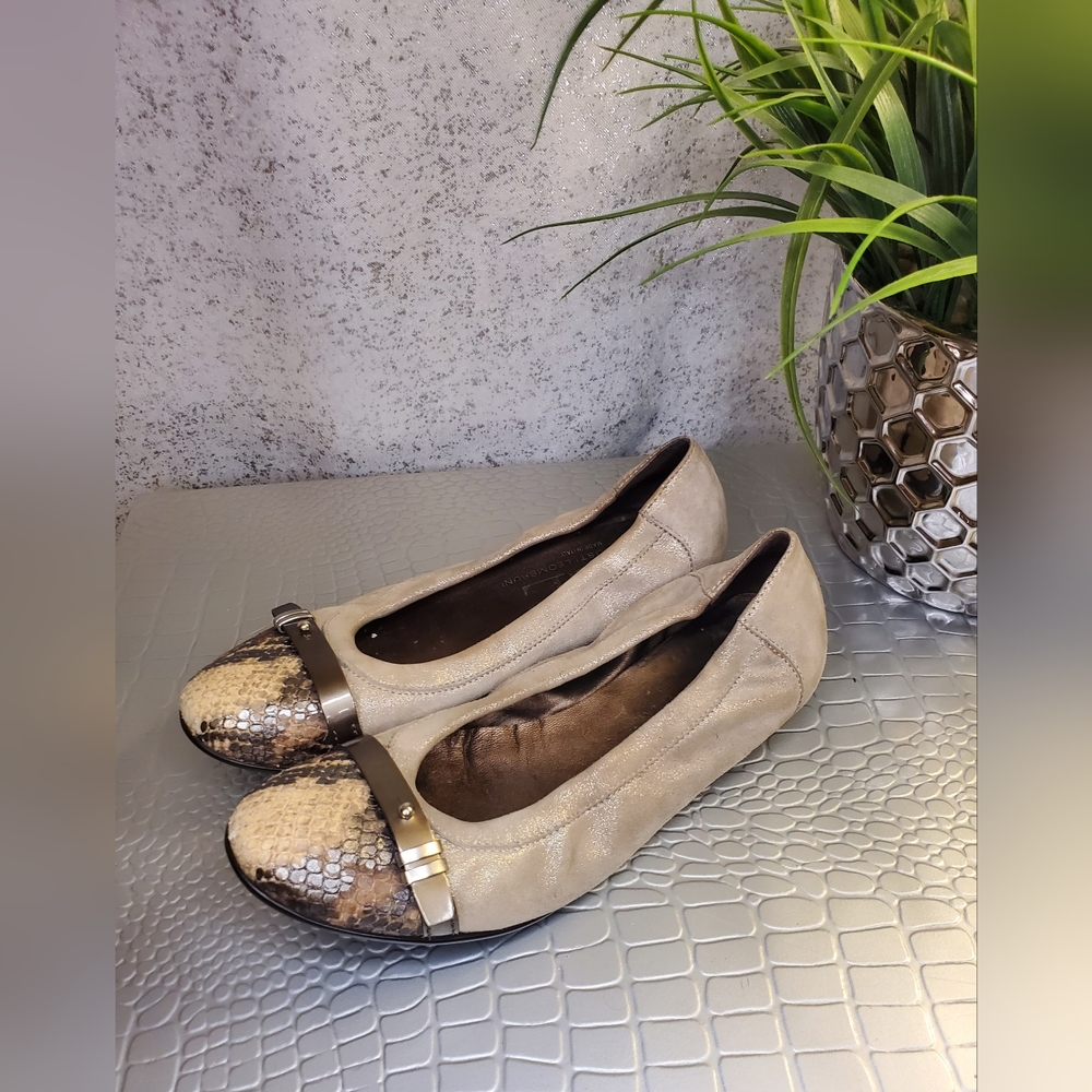 AGL Ballet Flat Tan Shimmer Suede & Browm Snake Print Capped Toe Made In Italy
